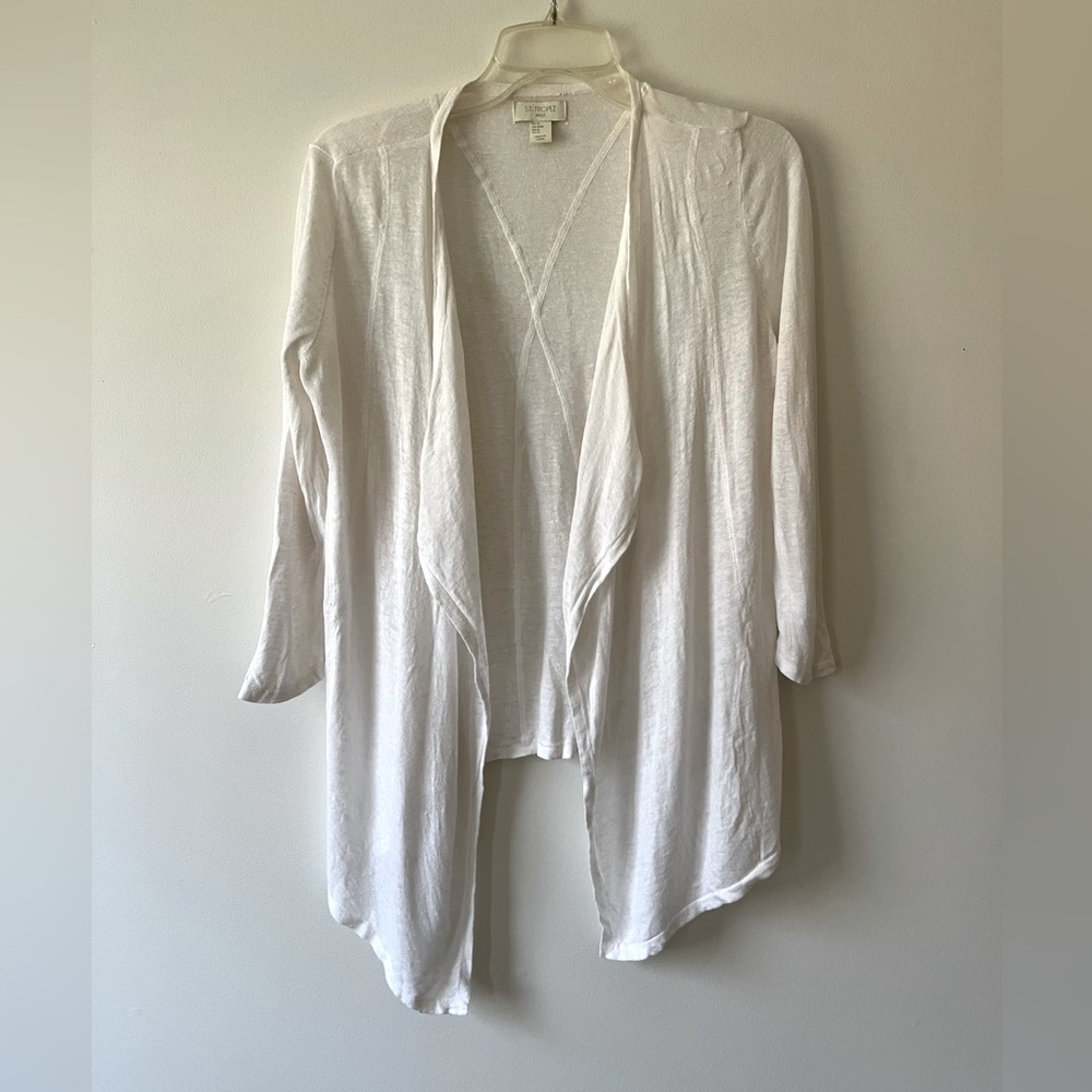 St. Tropez Linen Open Cardigan Wrap Sweater Medium White Lightweight